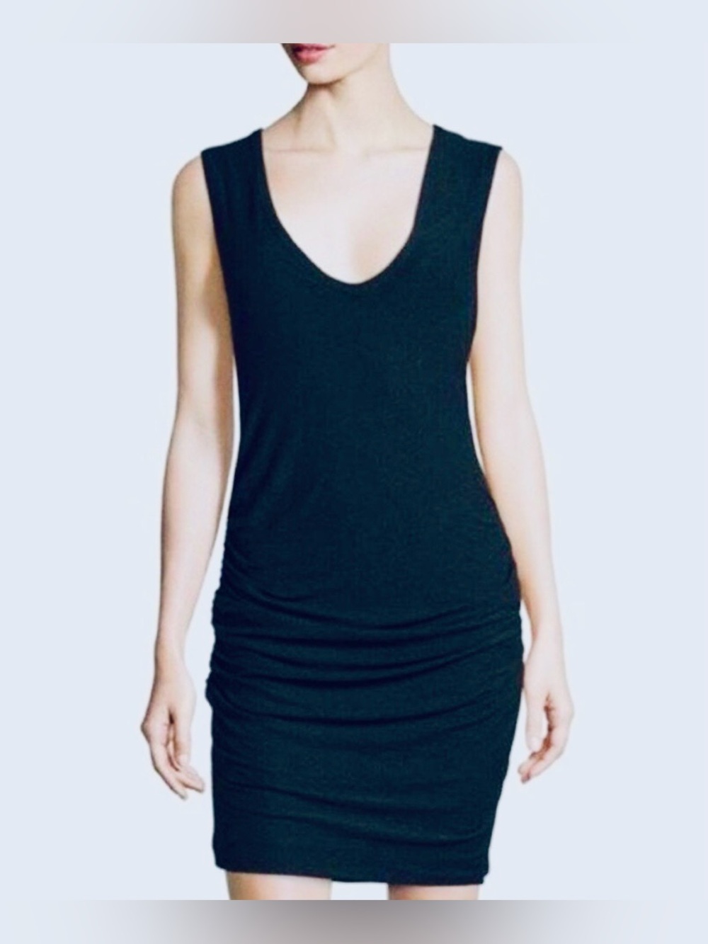 James Perse Side Ruched Tank Dress Double, V-Neck Sleeveless, Black Size 2